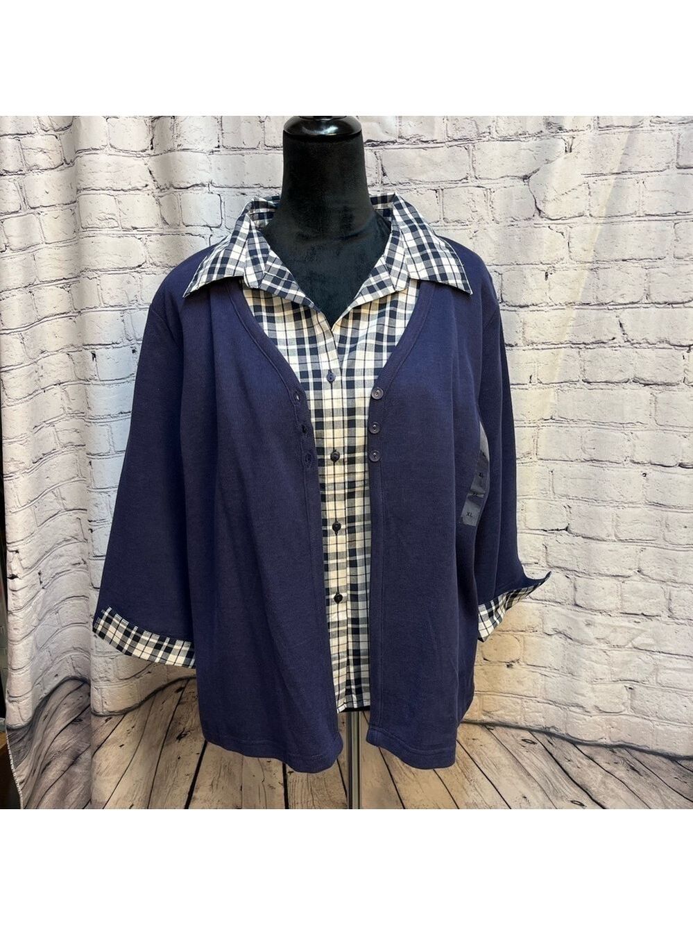 Baxter & Wells Navy Blue Cardigan with Plaid  3/4 Sleeve Shirt size XL NWT